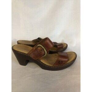 Born Slip-On Open Toe Brown Leather Sandals, Heeled, Buckles Size 8